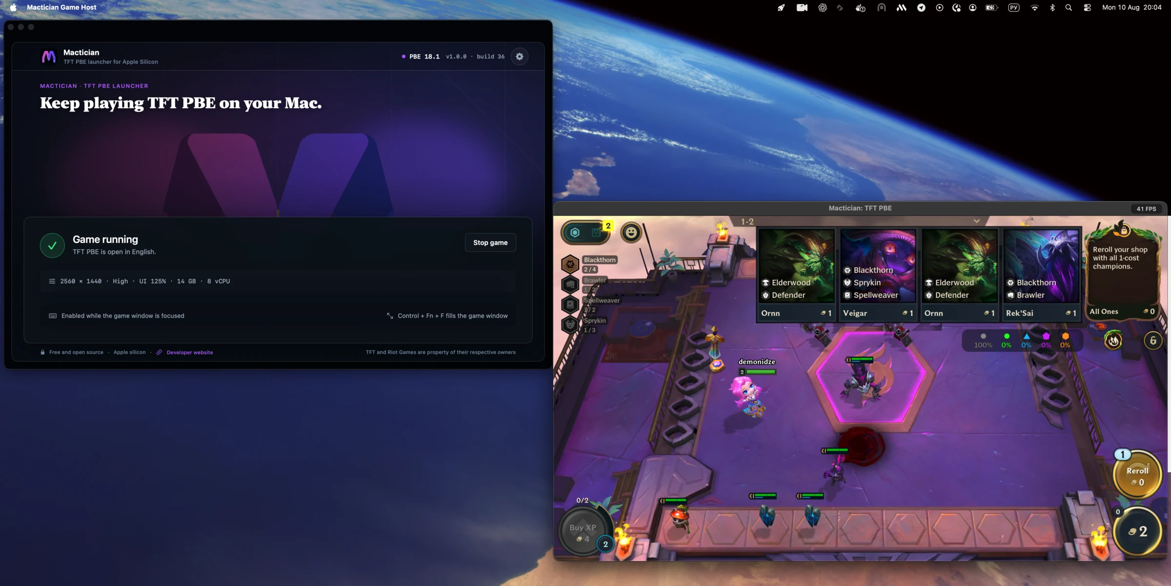 Mactician launcher showing a running game state beside TFT PBE on macOS.